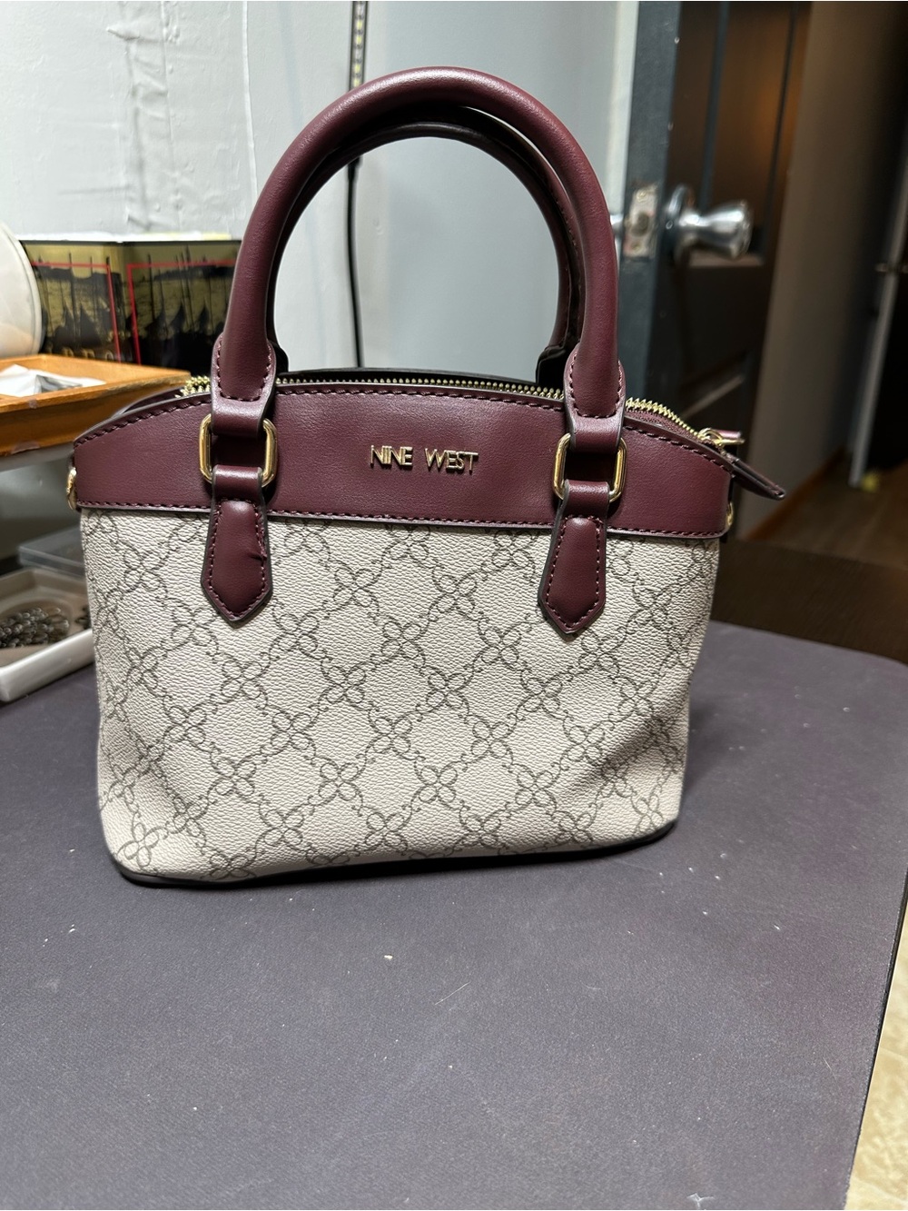 Nine West Cream & Burgundy Leather-Trim Satchel